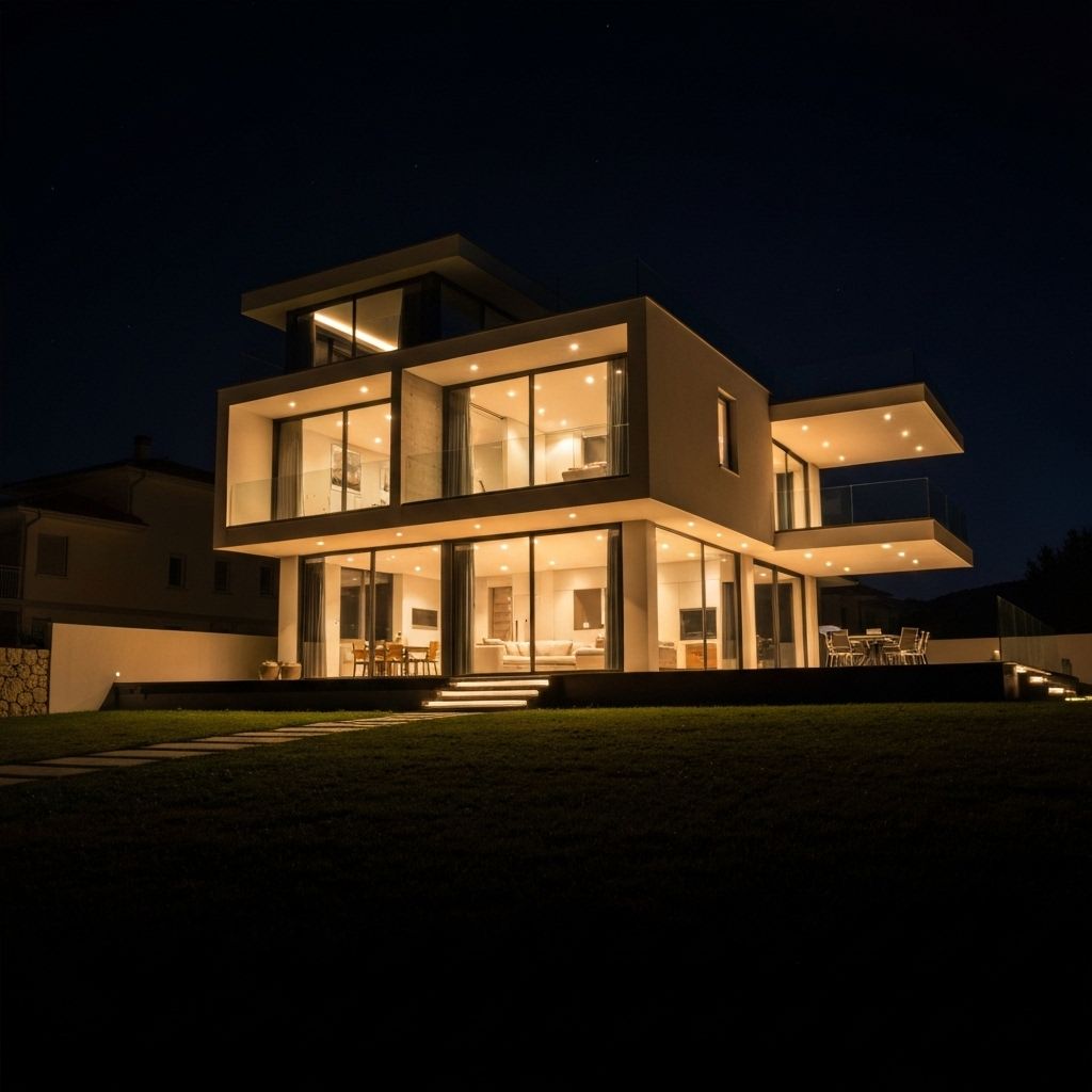 Modern luxury home at sunset